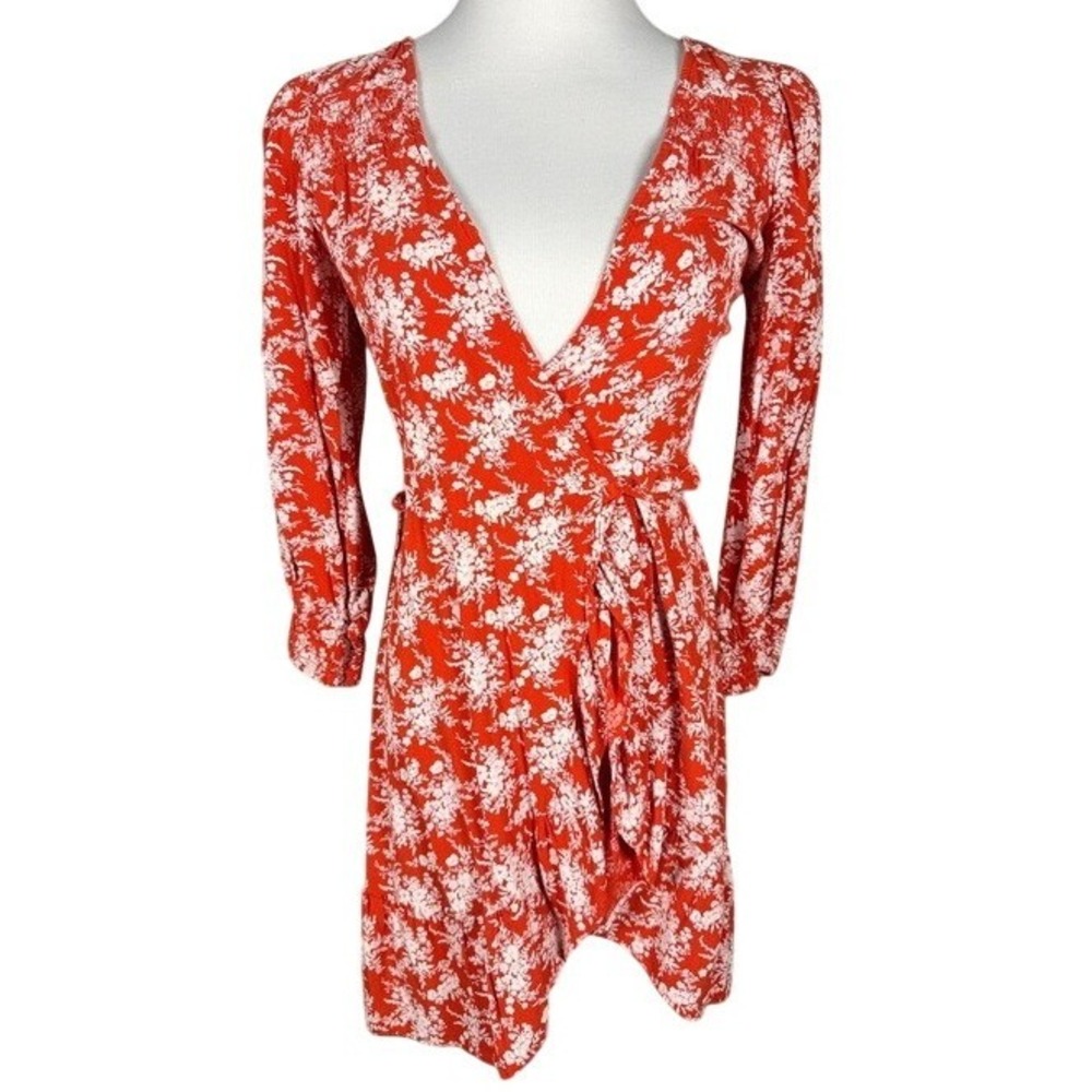 American Eagle Red Floral Wrap Mini Dress Long Sleeve V-Neck XS